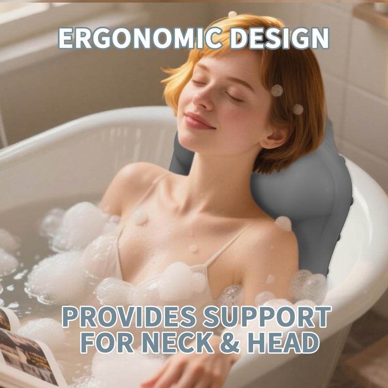 Deenwada Silicone Bath Pillow for Tub – Ergonomic Bathtub Headrest with Inflatable Air Cushion, Non-Slip Suction Cups & Neck/Back Support – Comfortable Spa Bath Accessory for Relaxation (Grey) - Image 2